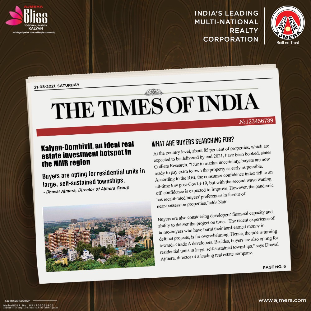 AjmeraRealty's tweet photo. The recent article of #TheTimesofIndia features the Director of Ajmera Realty, Mr. Dhaval Ajmera's quote on large, self sustained townships witnessing demand in the Kalyan-Dombivali belt of the #MMRregion.
#Ajmera #AjmeraGroup #AjmeraRealty #TOI #TheTimesOfIndia #Article https://t.co/SIg657MSvQ
