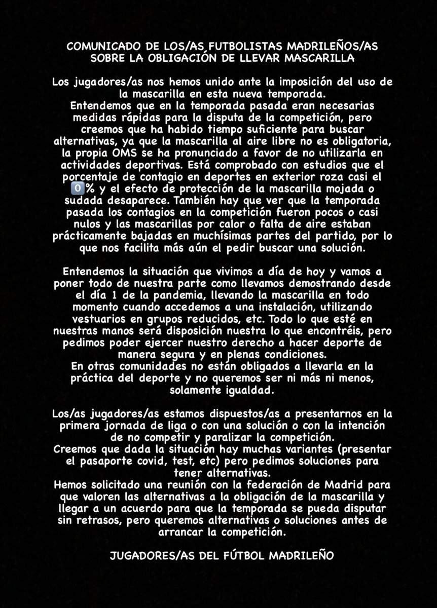 💣💣💣💣💣💣💣💣

COMUNICADO DE LOS/AS FUTBOLISTAS MADRILEÑOS/AS 

Los/as  jugadores/as madrileños se plantean no jugar si no dan alternativas.

Mañana se reunen con la <a href="/RFFM_oficial/">RFFM</a> y <a href="/PacoDiezRFFM/">Paco Díez</a> para buscar alternativas y soluciones.

#FútbolMadrileño