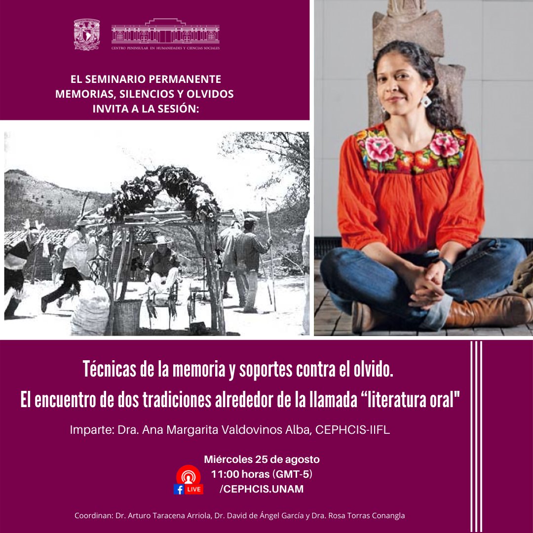 #MAÑANA
Se llevará a cabo la ponencia : Técnicas de la memoria y soportes contra el olvido Con la Dra. Ana Margarita V. a las 11: 00 horas, parte de nuestro Seminario Permanente Memorias, Silencios y Olvidos. Sigue la transmisión a través del #facebooklivestream de CEPHCIS, UNAM.