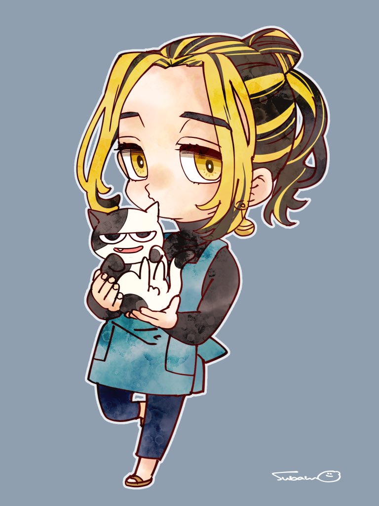 blonde hair 1boy apron cat pants chibi male focus  illustration images