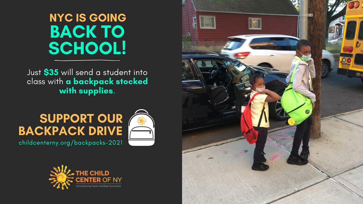 ChildCenterNY's tweet photo. We're only 20 days away from #NYCBacktoSchool and we could really use your support for #BackpackDrive21! 🎒 Every $35 gives the gift of a fully stocked backpack to a child who needs one. Please donate TODAY, and retweet! 👉👉🏻👉🏼👉🏽👉🏾👉🏿 https://t.co/Y1AW1DwZlY https://t.co/QWhsgeNr0f
