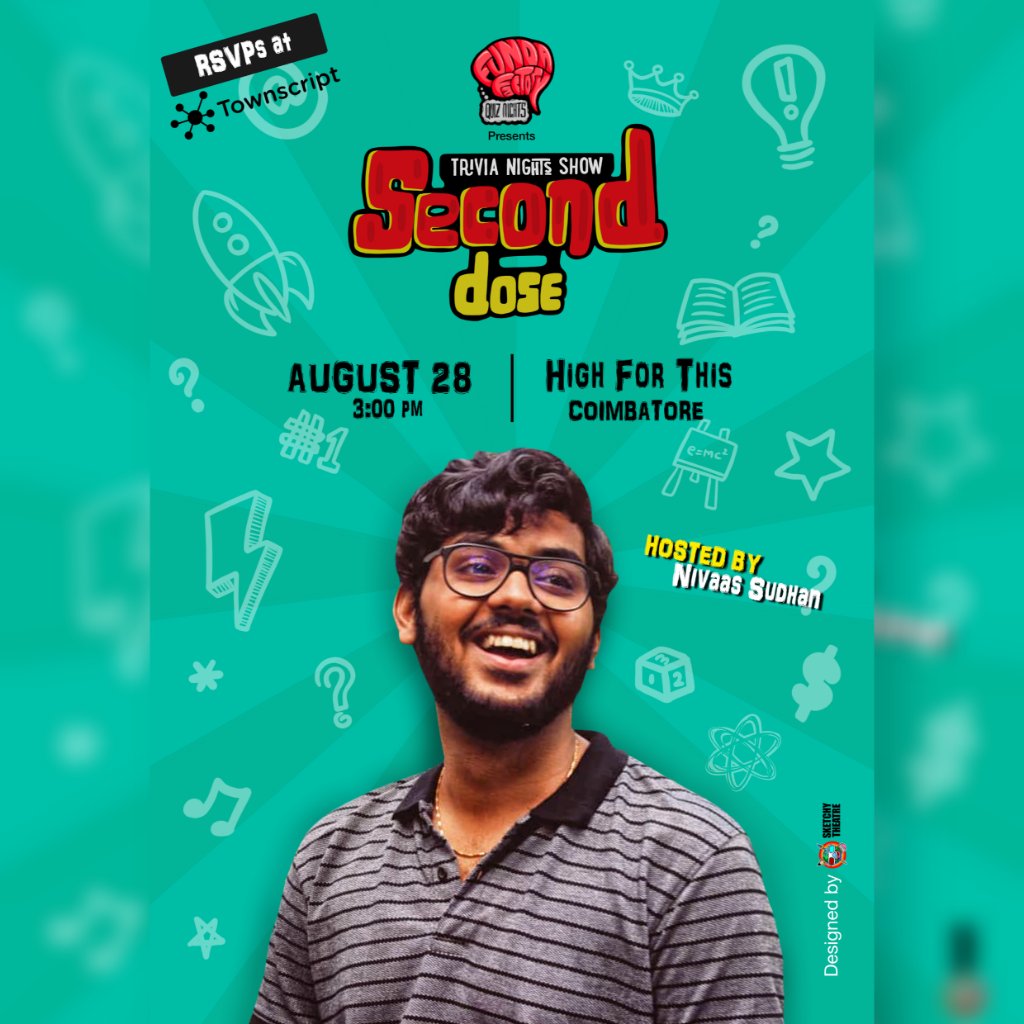 ffquiznights's tweet image. @ffquiznights pub quiz nights are back with our #SecondDose of Coimbatore show at @highforthiscbe on August 28th, 3PM. 🎉

RSVPs on @townscript. Link in bio. 🥳

There&apos;s food, there&apos;s mojito questions and not to forget there&apos;s tonnes of trivia and prizes to be won. 🍾