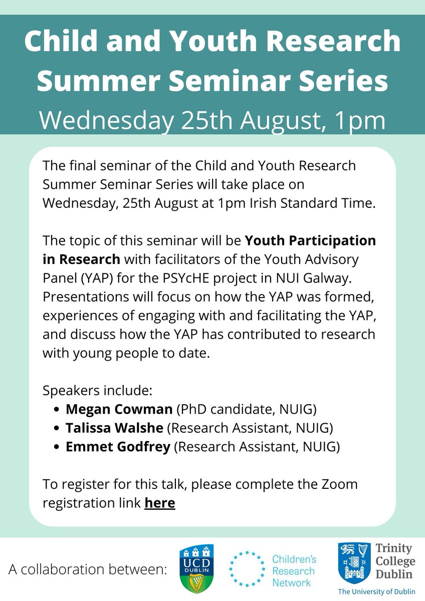 UCD CHilD Research (@ucdchild) on Twitter photo The final seminar of the Child and Youth Research Series takes place tomorrow at 1pm. <a href="/Megan_cowman/">Megan Cowman</a>, Talissa Walshe, and Emmet Godfrey will present about facilitating the Youth Advisory Panel for the <a href="/PSYcHENUIG/">PSYcHE NUIG</a> project.
Register here: ucd-ie.zoom.us/meeting/regist… The final seminar of the Child and Youth Research Series takes place tomorrow at 1pm. <a href="/Megan_cowman/">Megan Cowman</a>, Talissa Walshe, and Emmet Godfrey will present about facilitating the Youth Advisory Panel for the <a href="/PSYcHENUIG/">PSYcHE NUIG</a> project.
Register here: ucd-ie.zoom.us/meeting/regist…