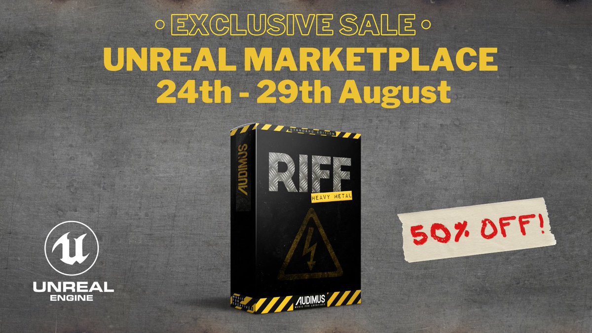 AudimusMusic's tweet photo. RIFF: Heavy Metal music asset pack LAUNCH SALE! 🎸🤘🔥

Here's your chance to grab our new pack, chock full of adrenaline pumping heavy riffs, at a 50% discount - exclusively on the @UnrealEngine August sale!

Find RIFF here: https://t.co/VEYBkl74eD

#gamedev #indiedev #indiegame https://t.co/jqzupH0G25