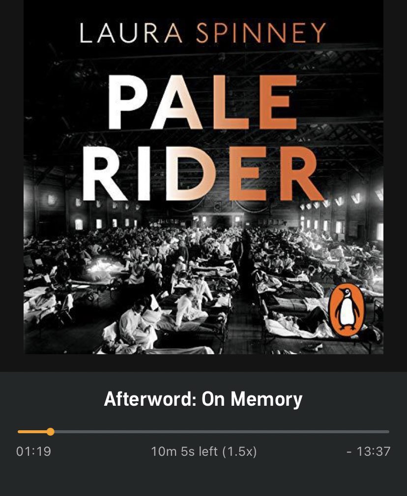 Just finished ‘Pale Rider’ by <a href="/lfspinney/">Laura Spinney</a> about the history of the Spanish Flu. Obviously, could not be more relevant today. 

I’m genuinely shocked at how much we could have learnt from it, had the Government been properly prepared for a pandemic