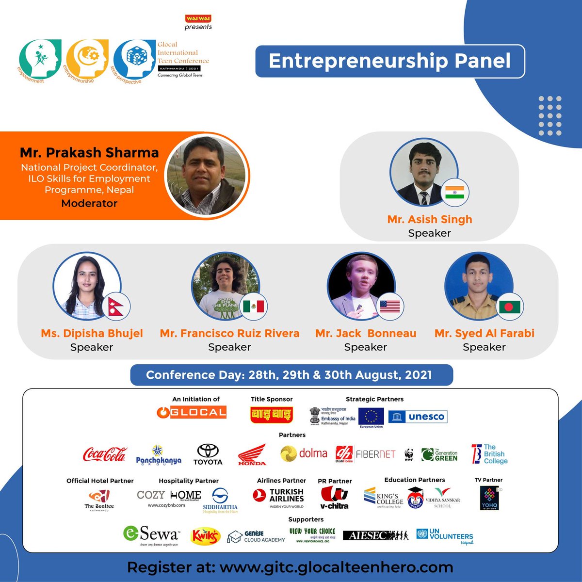 I'll represent the U.S. as a speaker on the #Global  #Entrepreneurship Panel at Glocal International Teen Conference, 2021 in Nepal on 8/29, 4am MT. Honored to speak w/ teens from #India, #Nepal, #Mexico, and #Bangladesh! 
#GITC2021 #youth #teen #hustle #FiveStarProud #DreamBig