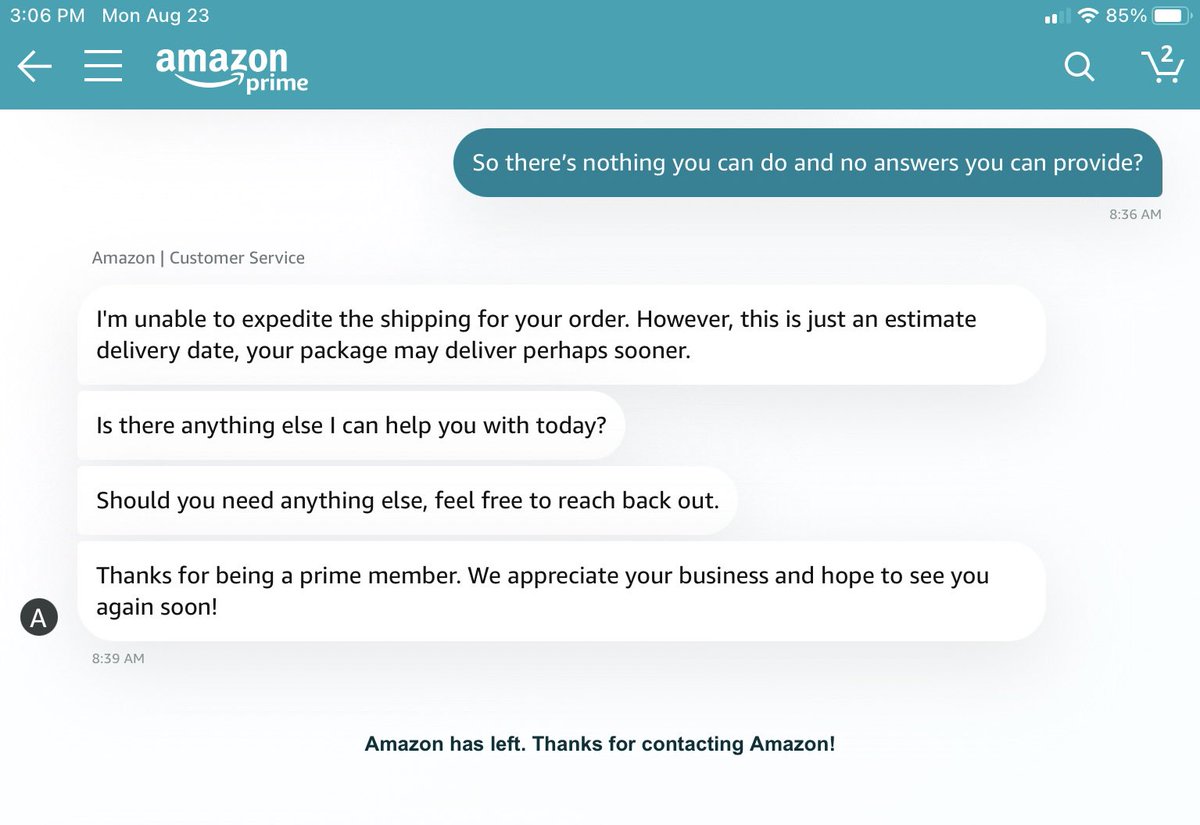 A shining example of the terrible customer service from <a href="/Amazon/">Amazon</a>. My  #AmazonPrime order inexplicably taking over a week to arrive. No answers. No accountability. Oh and they deliberately disconnect you. #TuesdayFeeling #tuesdayvibe