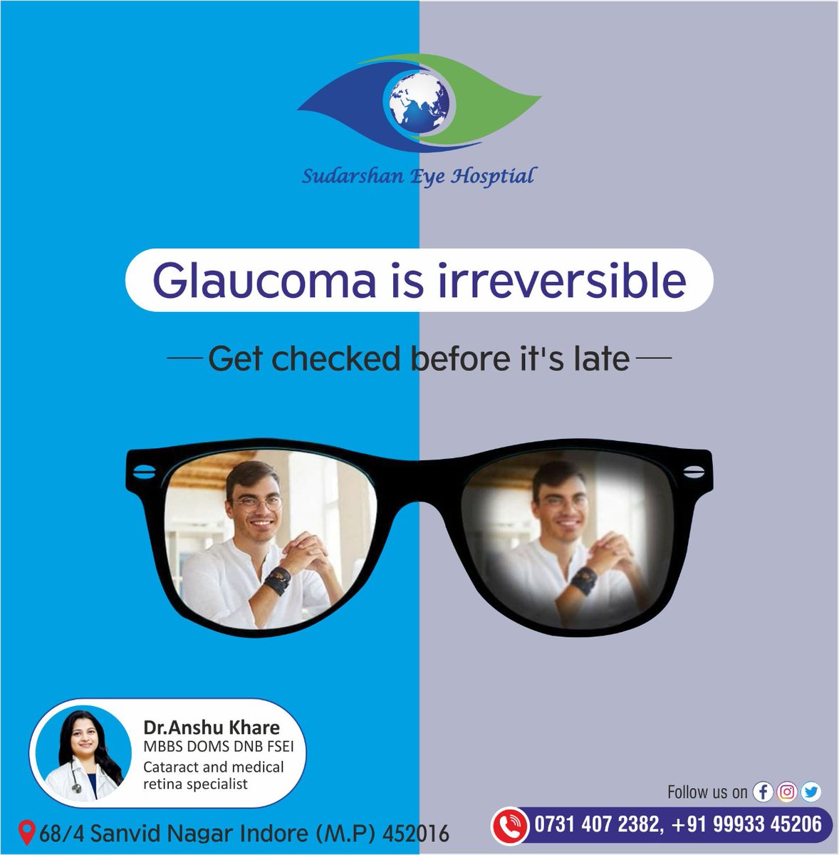 Glaucoma is a disease where the eye pressure is raised damaging the eye nerve slowly and eventually leads to blindness. Most of the time it has no signs and symptoms. 
Schedule your appointment with us today.
#sudarshaneyecareindore #glaucoma #retina #glaucomaawareness