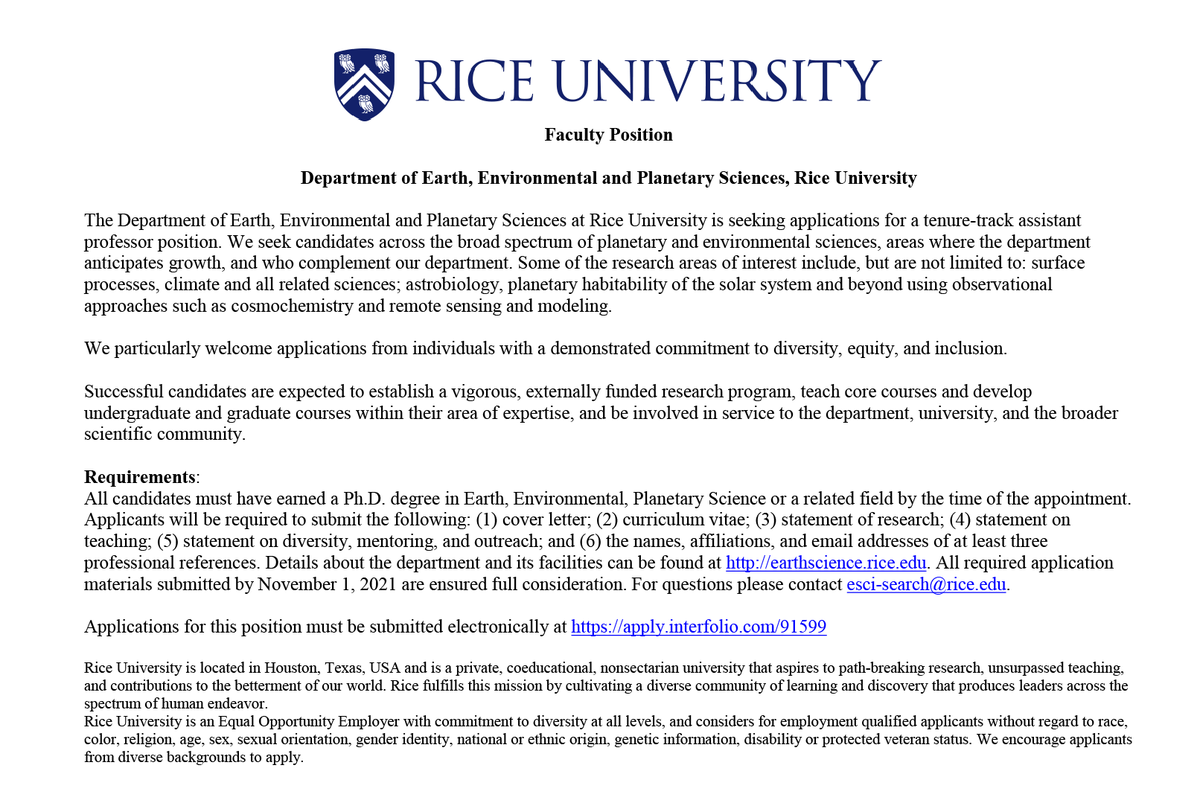 Rajdeep Dasgupta (@rdasgupta_earth) on Twitter photo REMINDER: <a href="/RiceEarthSci/">Rice Earth, Environmental and Planetary Sciences</a> is seeking applications for a tenure-track assistant professor position across the broad spectrum of planetary and environmental sciences.
The application should be made at -
apply.interfolio.com/91599
Application closes Nov 1, 2021 REMINDER: <a href="/RiceEarthSci/">Rice Earth, Environmental and Planetary Sciences</a> is seeking applications for a tenure-track assistant professor position across the broad spectrum of planetary and environmental sciences.
The application should be made at -
apply.interfolio.com/91599
Application closes Nov 1, 2021