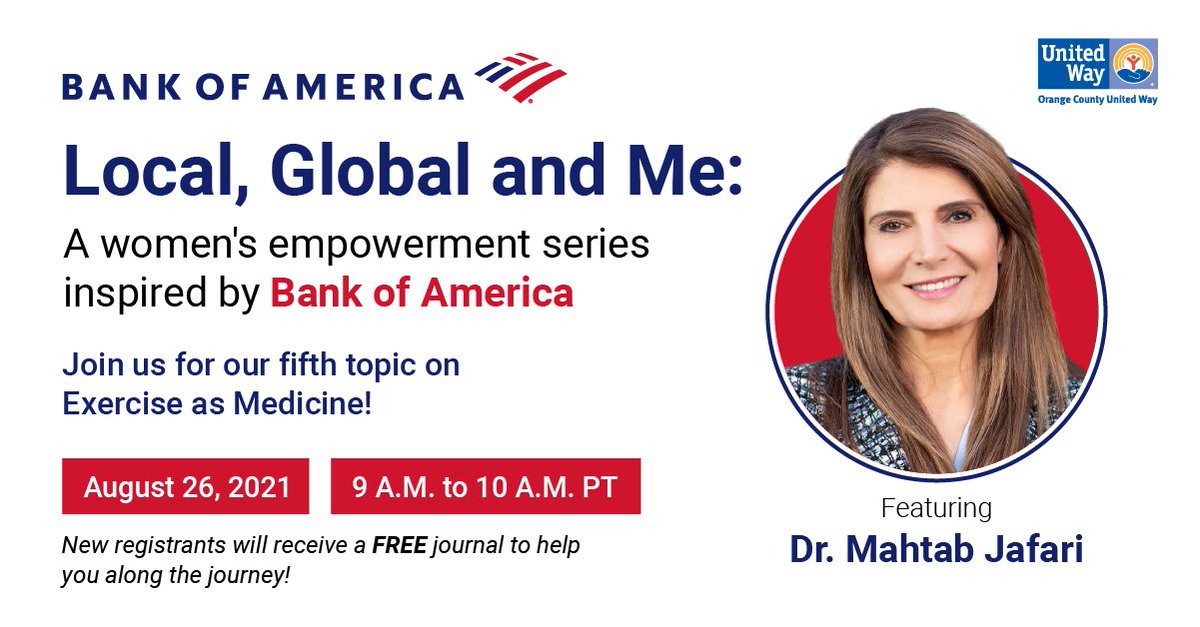 unitedwayoc's tweet photo. Dr. Mahtab Jafari, certified Health and Wellness Coach and the Director of the newly launched βThe UCI Center for Healthspan Sciences," joins us this Thursday for our fifth #LocalGlobalMe event to share about Exercise as Medicine!
Save your virtual seat: https://t.co/dZjqaLhJkp. https://t.co/l5IIQXBwGp