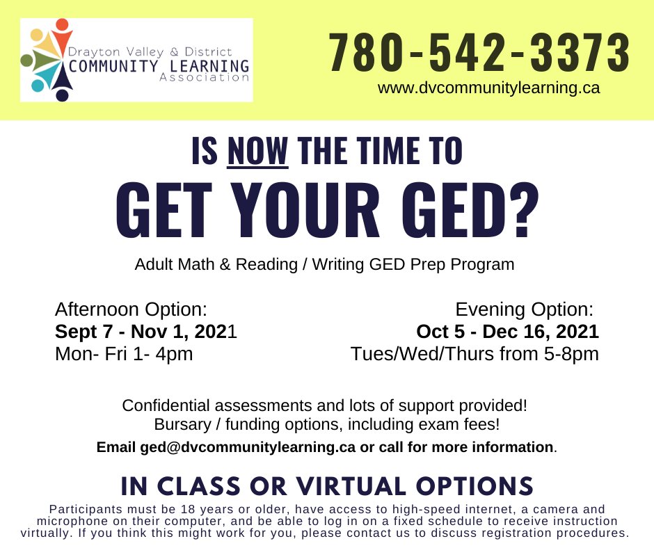 DVCommLearning's tweet image. First up...  our GED program continues this fall.  This program has been proven to help many adults reach their goal of getting their High School Equivalency.  Call or send a message to get your name in! 

#dvdcla #adultlearning #draytonvalley #brazeaucounty #learnfeelgoodrepeat