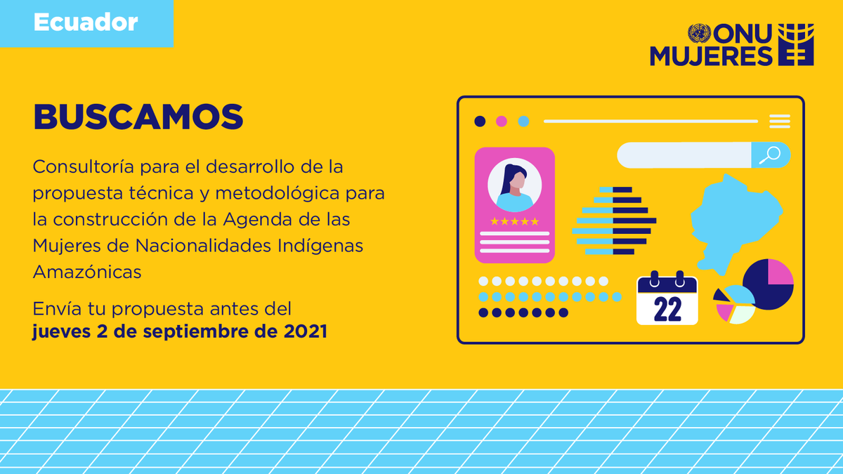onumujeresEcu's tweet photo. CONVOCATORIA
Consultoría para el desarrollo de la propuesta técnica y metodológica para la construcción de la Agenda de las Mujeres de Nacionalidades Indígenas Amazónicas
Fecha Límite: 02 de septiembre de 2021

Más información: https://t.co/EHqVBl5QsF https://t.co/8gcbUYcF4c