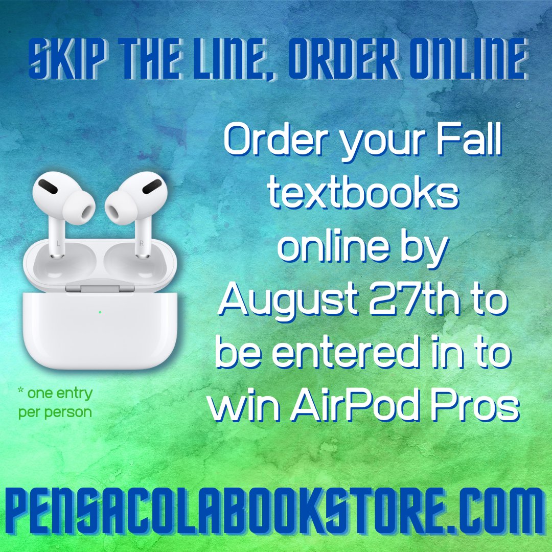 Online orders placed by Friday 11:59pm will be entered in to our Airpod Pro giveaway
#UWF #uwf21 #fallsemester #giveaway