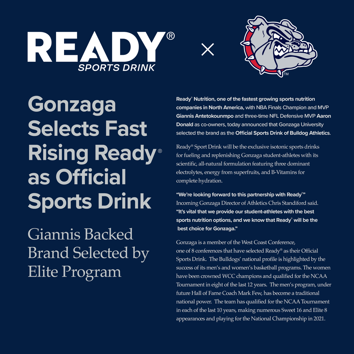 ready_nutrition's tweet photo. Ready x @GonzagaU 🤝
We're Happy to Announce Gonzaga Athletics Has Selected Ready® as Their Official Sports Drink

Welcome to the Ready® Family @GonzagaBulldogs

Read More: https://t.co/JRE8JXrpOH https://t.co/biSKdPBWVP