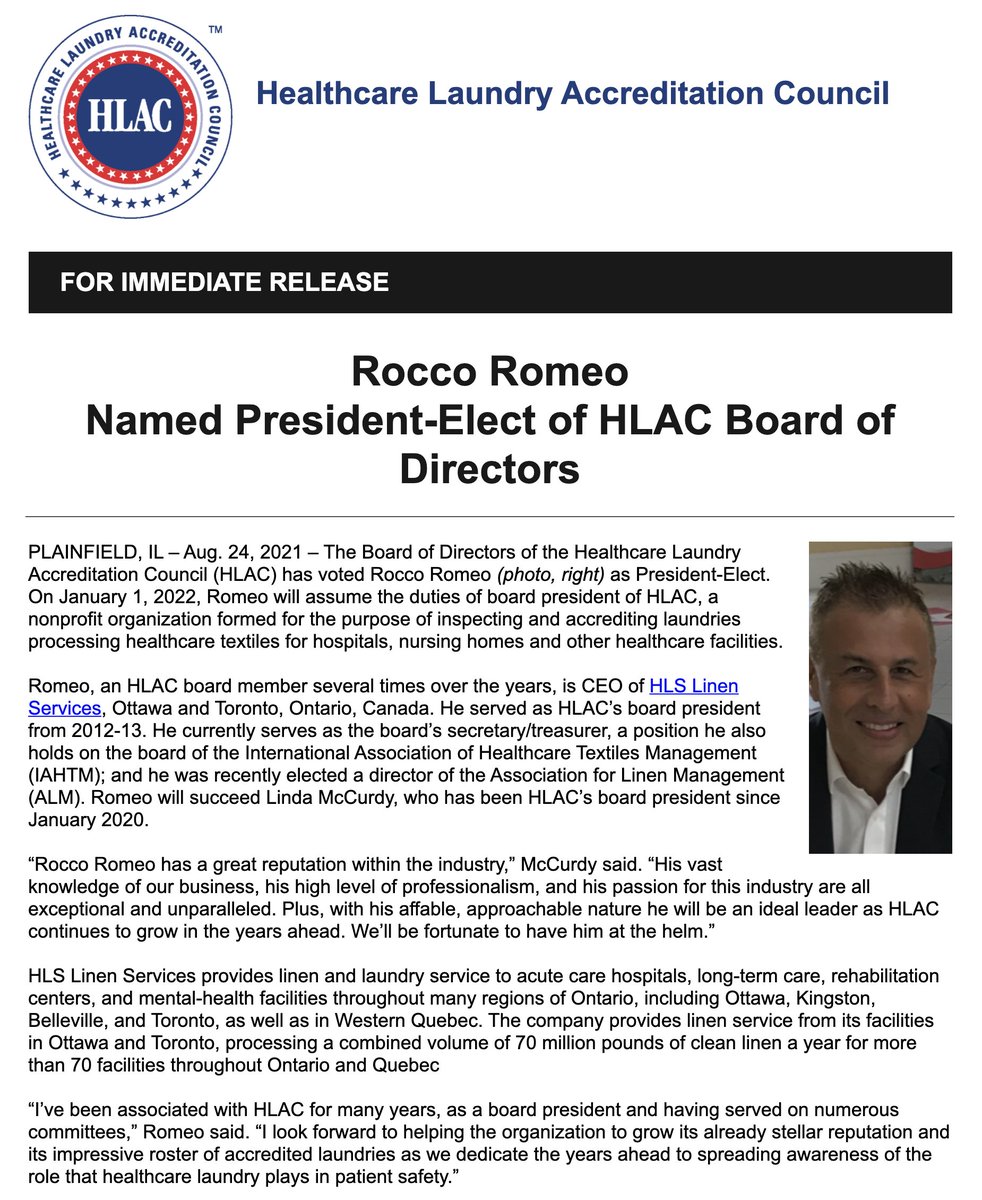 Rocco Romeo has been named president-elect of #HLAC board of directors.