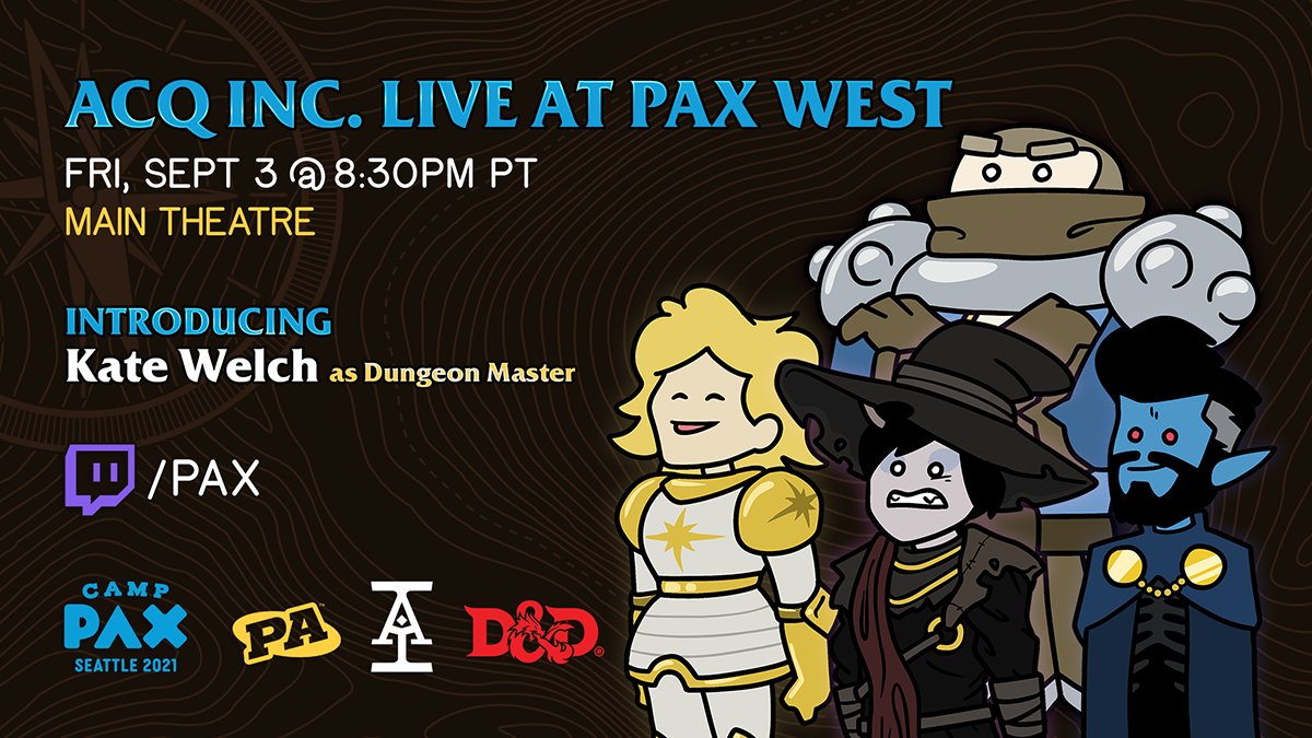 PA_Megacorp's tweet photo. Acq Inc is back (Inc)! Welcome the illustrious Kate Welch to the DM's chair as the company is led through a tale of adventure, intrigue, and roman-- Who are we kidding? They'll probably insult a beholder &amp; one of them will wind up on the wrong plane. Again. #AcqInc #DnD #PAXWest https://t.co/GR7IidaXYY
