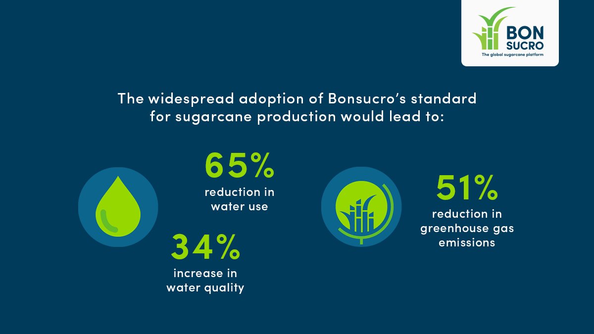 Bonsucro's tweet photo. 5% of the world’s sugarcane is produced in compliance with the Bonsucro Standard. But global adoption would: 

✂️Cut #GHG emissions by 51% 
📉Reduce water use by 65% &amp; nutrient loading by 34%

Find out how we're working towards this future: https://t.co/MaE99awm43 #Changing4Good https://t.co/DYOclHcCMi