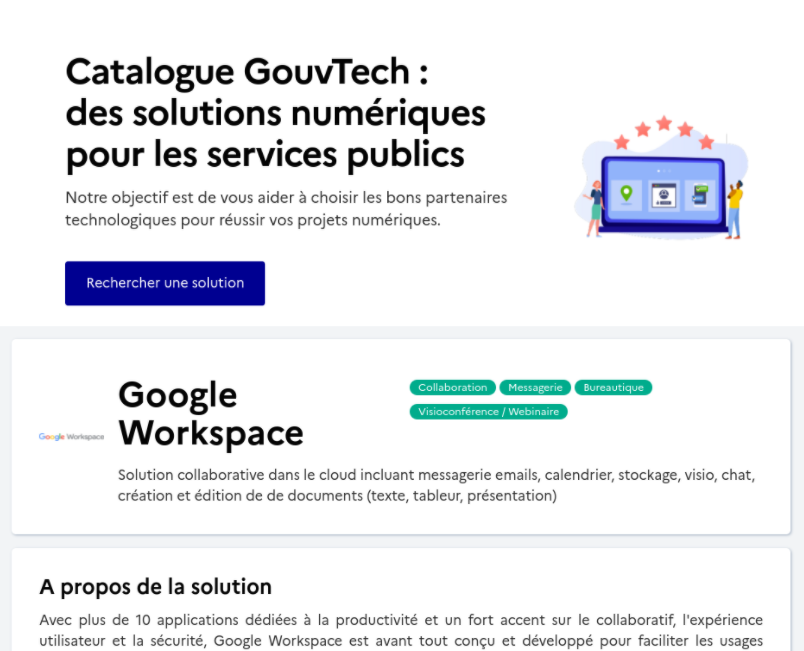 Je signale (sans la commenter) l'arrivée de Google Workspace dans le catalogue #GouvTech de la <a href="/_DINUM/">DINUM</a> "pour aider les administrations à identifier et utiliser des solutions numériques utiles aux services publics".
catalogue.numerique.gouv.fr/solutions/goog…