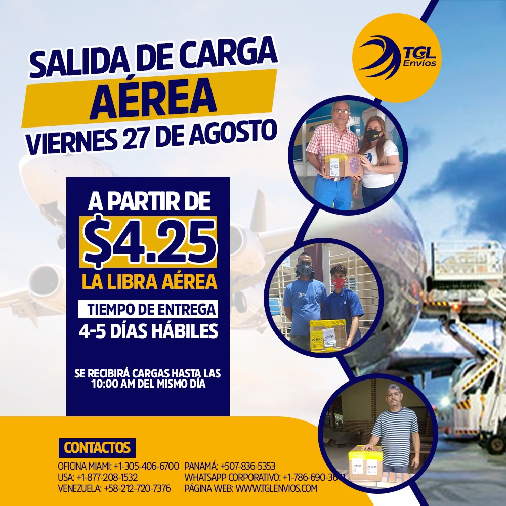tgl_envios's tweet photo. Les recordamos que este VIERNES 27 DE AGOSTO tendremos salida de carga AÉREA. Actualmente contamos con un tiempo de entrega de 4-5 días hábiles.
#tglenvios #enviosaereos #ups #venezolanosenmiami #venezolanosentampa #venesolanosenflorida #miami #miamicity #venezuela https://t.co/oQUqdLJ1oH
