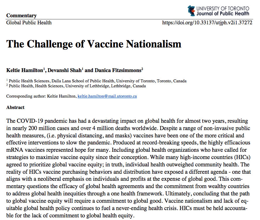 UofT_JPH's tweet photo. Rounding out our first issue of 2021, @keltiejewell, @shah_devanshi97 (of @UofT_DLSPH) and @Danica_Fitz (of @uLethbridge) discuss the challenge of #COVID19 vaccine nationalism https://t.co/QyFz7s7Qxa