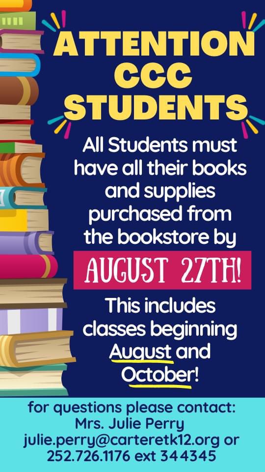 📣𝐀𝐓𝐓𝐄𝐍𝐓𝐈𝐎𝐍📣 <a href="/CarteretK12/">Carteret County Public School System</a> CCP (Dual Enrolled) Students!  Please have ALL textbooks purchased from the bookstore by 𝐀𝐮𝐠𝐮𝐬𝐭 𝟐𝟕𝐭𝐡 for all Fall 2021 Classes (even if classes do not start until October).  #CTETheHotTopic #careerready <a href="/CarteretCC/">Carteret CC</a>