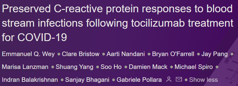 gpollara's tweet photo. 🎊 Our study now out: 

📣 #tocilizumab in #COVID19 did NOT attenuate CRP responses to blood stream infections! #IDtwitter #medtwitter

Thanks to J Infection @biainfection for publishing:
https://t.co/OPnXRekeB4 
Little 🧵 👇 1/8 https://t.co/jblistIAdp