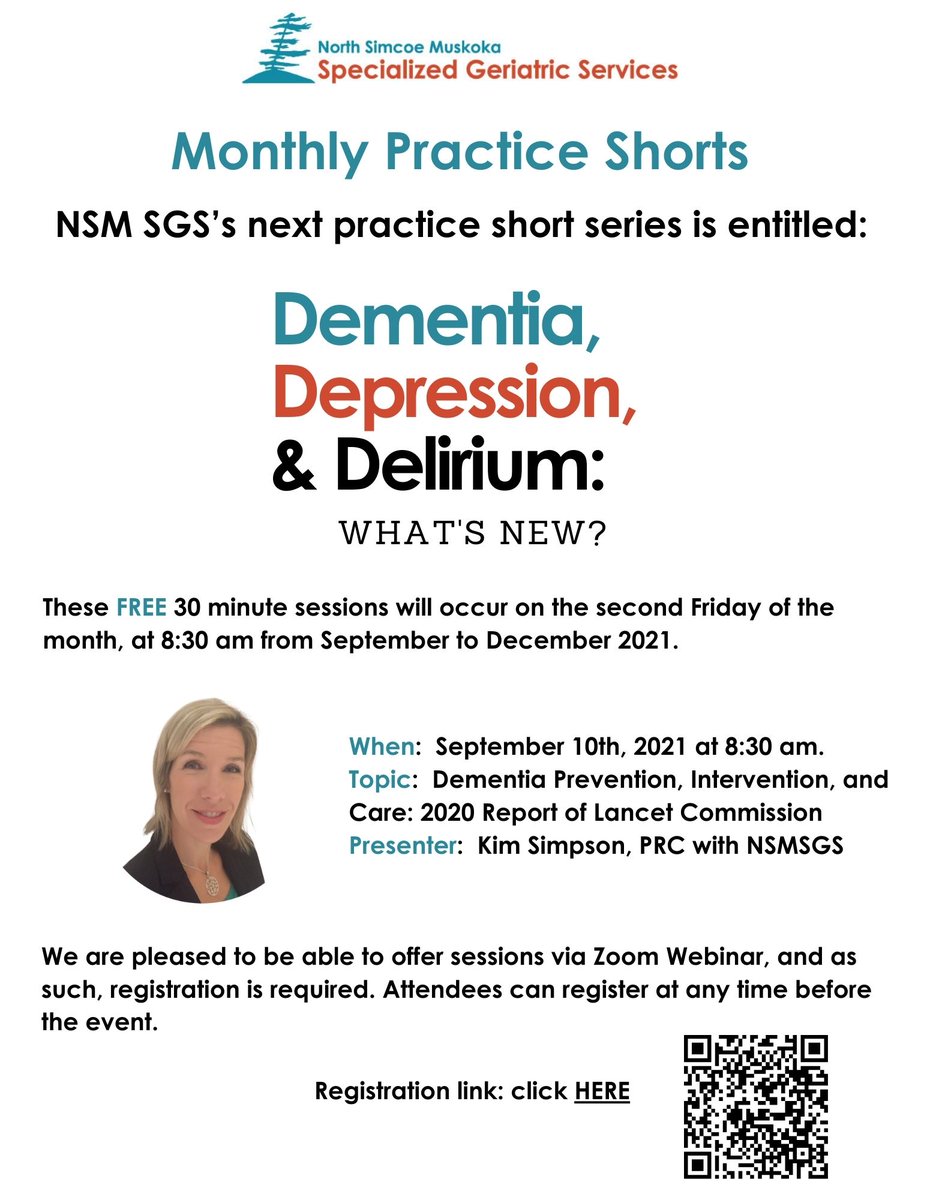 Register for #NSMSGS’s next practice short series, “Dementia, Depression, Delirium:  What’s New?” 

Dementia Prevention, Intervention, and Care: 2020 Report of Lancet Commission, presented by Kim Simpson, on September 10th, 2021 at 8:30 am. 
 
Register: bit.ly/3kfEJBA