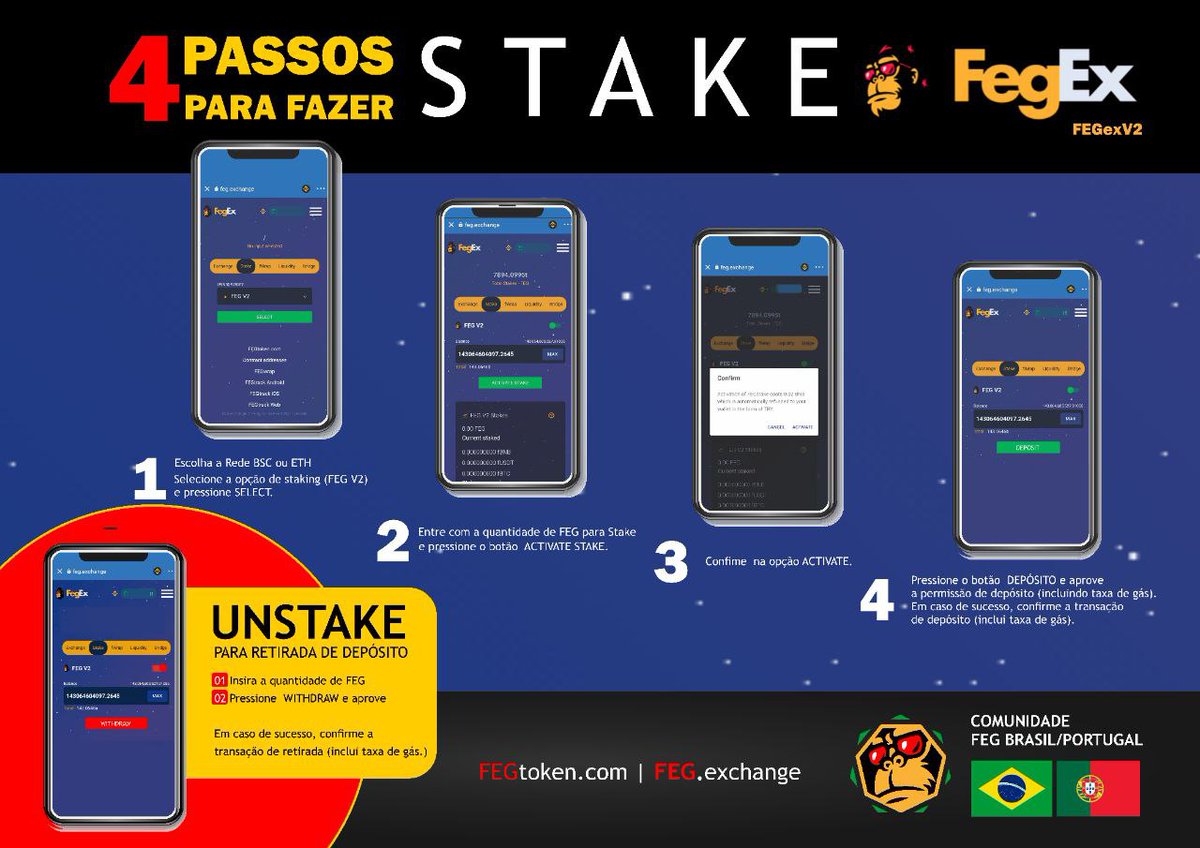 🎉 #FEGstake v2 #FEGex!  Stake $FEG para ganhar recompensas sem atrito - em 7 formas diferentes!

 E muito Simples colocar suas FEG em Stakev2. 
Deixe-nos saber se você está no Stake V2 !  🚀❤️🦍

Está com alguma dúvida sobre As 7 Formas de ganho acessar
 t.me/FEGchatBrasil