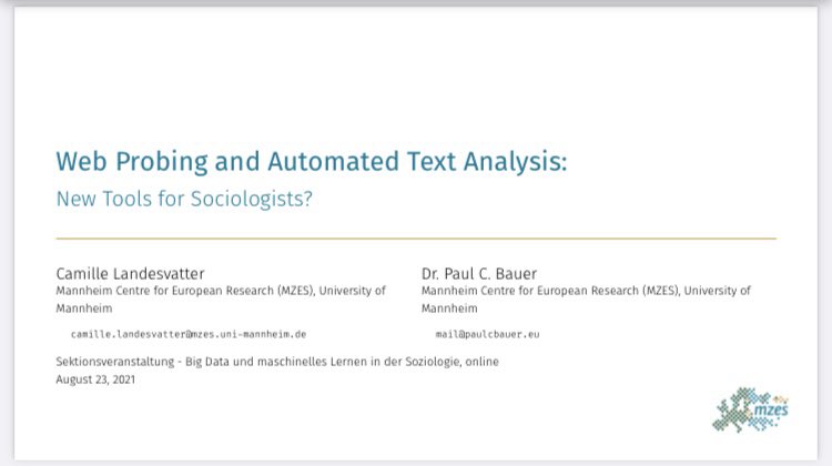 c_landesvatter's tweet image. Erster Beitrag auf einer (digitalen) Konferenz als PhD Student: check 🥳
Thanks @DGSoziologie for the opportunity to show my work ( #unsupervised #MachineLearning #TopicModels ) at this incredibly well organised and large conference! Dankeschön! @soziokongress21 #dögs