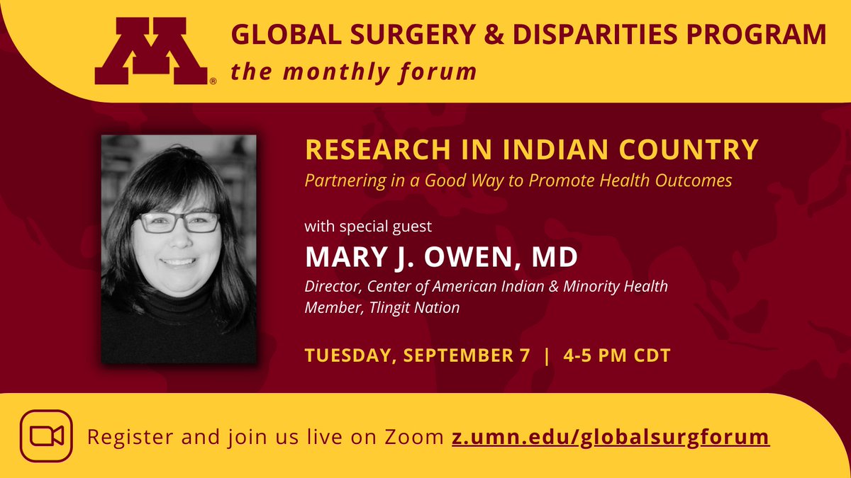 UMN Global Surgery and Disparities (@umnglobalsurg) on Twitter photo Looking forward to welcoming Dr. Mary Owen of <a href="/umnmedschooldlh/">UMN Med School DLH</a> to our Monthly Forum in just two short weeks! Learn more and register: z.umn.edu/globalsurgforum #globalsurgery #globalhealth #nativehealth #research Looking forward to welcoming Dr. Mary Owen of <a href="/umnmedschooldlh/">UMN Med School DLH</a> to our Monthly Forum in just two short weeks! Learn more and register: z.umn.edu/globalsurgforum #globalsurgery #globalhealth #nativehealth #research