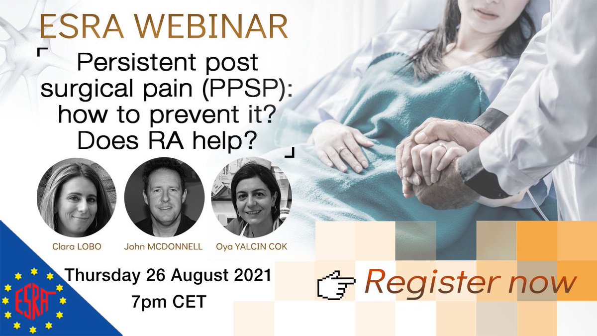 ESRA_Society's tweet photo. It's not too late to register for our next #ESRAwebinar
[PPSP: how to prevent it? Does RA help?]
👉 https://t.co/oJFEWQqmxJ
🗓 Thursday 26 August 7pm CET
✅ 1 FREE CME credit
👥 Chaired by @claralexlobo with John McDonnell &amp; @oyacok 
Don't miss out! #PPSP #RegionalAnaesthesia https://t.co/uxwluhK0W5