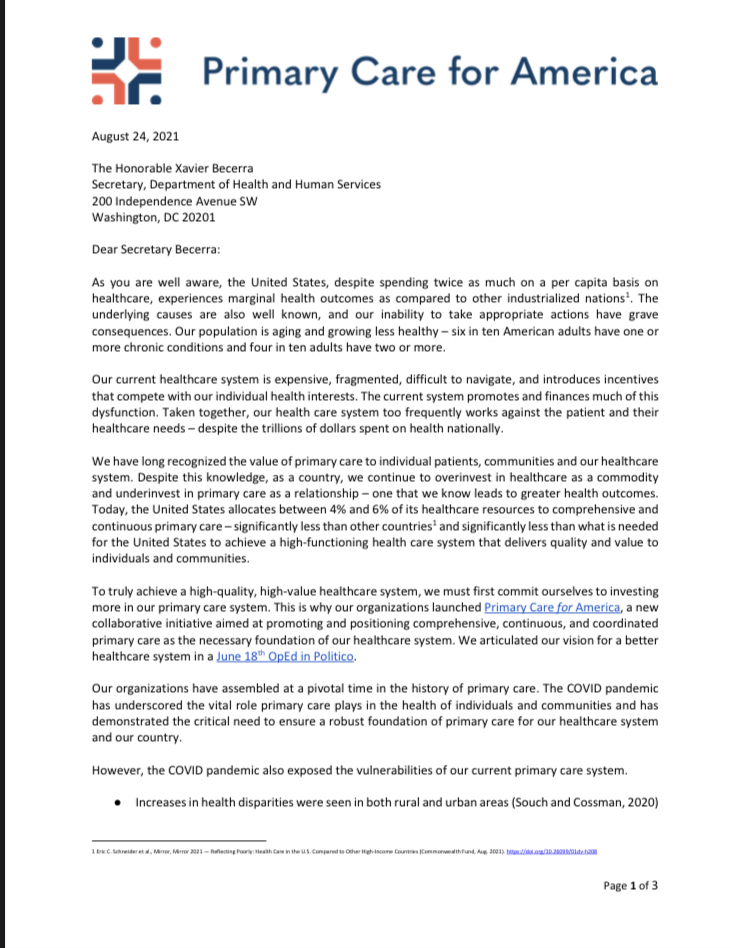 “To truly achieve a high-quality, high-value healthcare system, we must first commit ourselves to investing more in our primary care system. This is why our organizations launched Primary Care for America”

⁦<a href="/PC4America/">Primary Care for America</a>⁩