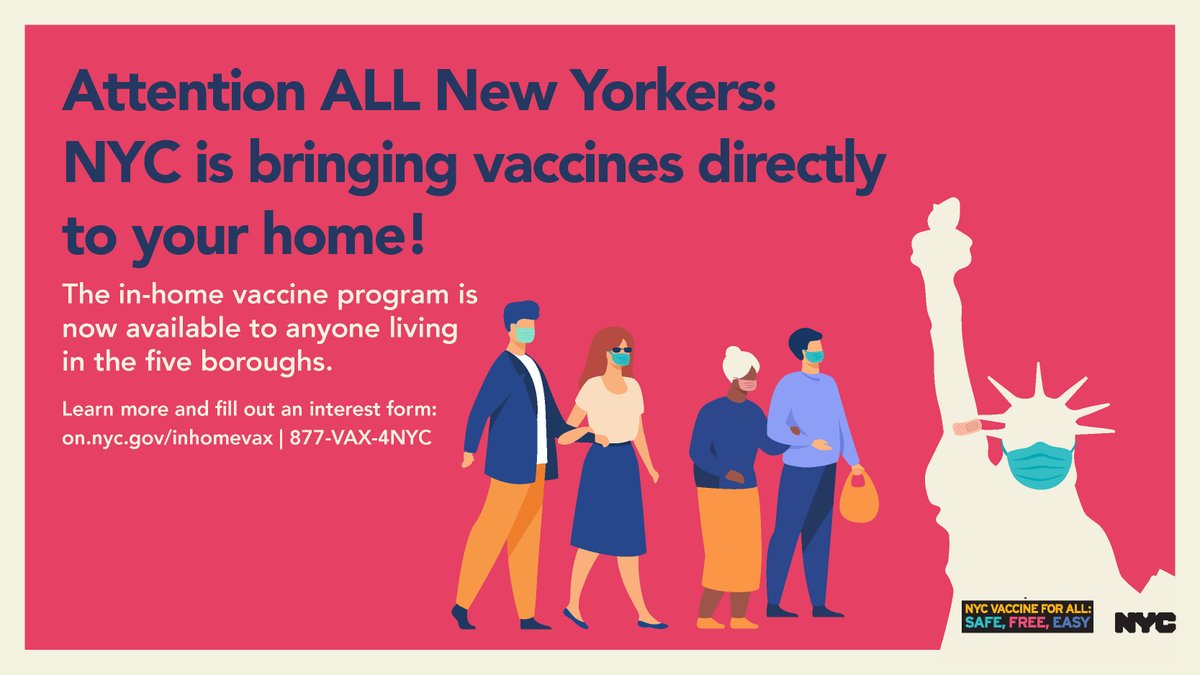 All New Yorkers are now eligible take the #COVID19vaccine in the comfort of their own home. Call 877-VAX-4NYC (877-829-4692) or visit on.nyc.gov/inhomevax to learn more.