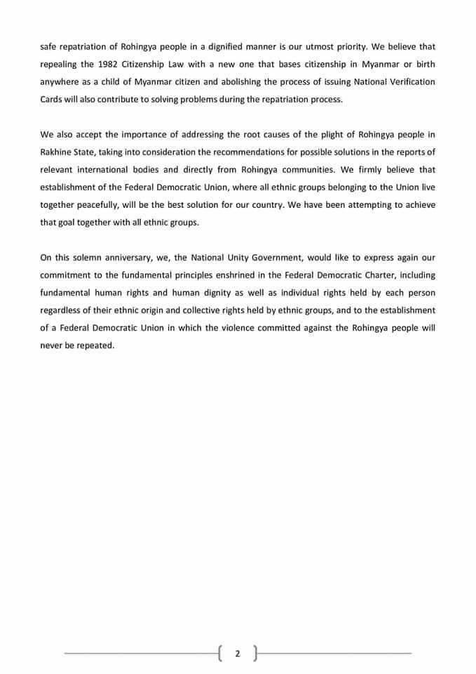 A welcomed statement from <a href="/NUGMyanmar/">National Unity Government Myanmar</a> acknowledging atrocity crimes against #Rohingya and committing to ensuring justice and accountability. The statement comes ahead of the Aug 25 anniversary of the onset of genocidal attacks in 2017. A 180-degree shift from the previous Govt…