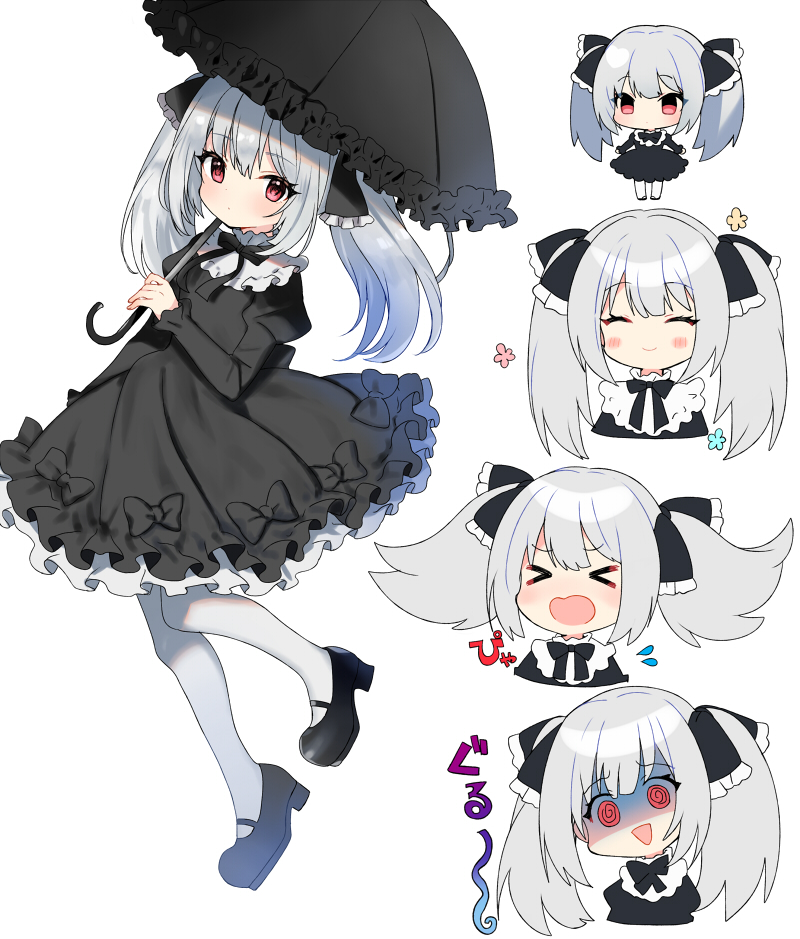1girl umbrella twintails dress @ @ red eyes multiple views  illustration images