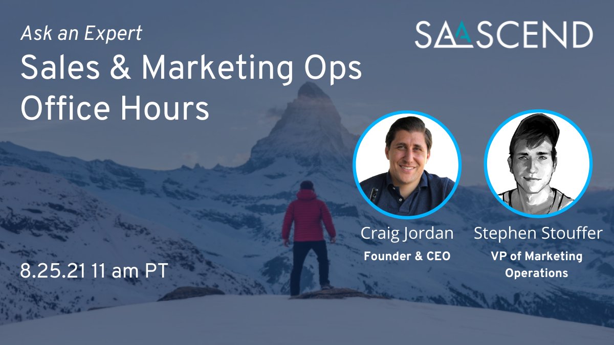 Have a 🔥 #MarOps or #SalesOps question? Bring it to <a href="/SaaScend/">SaaScend</a>'s office hours tomorrow for an #AskTheExpert session with Founder &amp; CEO, <a href="/Craigrjordan/">Craig Jordan</a>, and VP of Marketing Operations, Stephen Stouffer, <a href="/Marketing_Nurd/">Stephen</a>. 
Register: unbouncepages.com/saascend-offic…