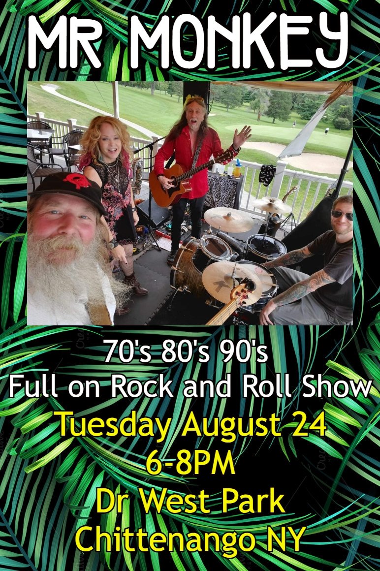 ScottSterling9's tweet photo. MR. MONKEY BAND 6-8pm TUE AUG 24 DR. WEST PARK CHITTENANGO NY https://t.co/9VBMs2bQT9