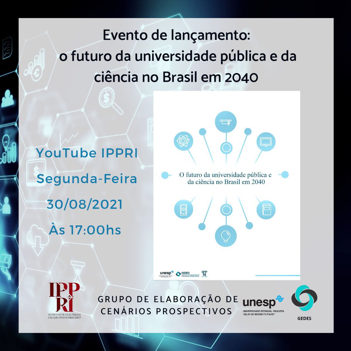 Vem aí o evento de lançamento do projeto "o futuro da universidade pública e da ciência no Brasil em 2040"! 📚⏳

O evento será transmitido no canal do IPRI, no link youtube.com/channel/UCTh5w…

📌 Dia 30/08 às 17:00 horas!

Quer saber mais da pesquisa? Segue o fio! 🧵👇