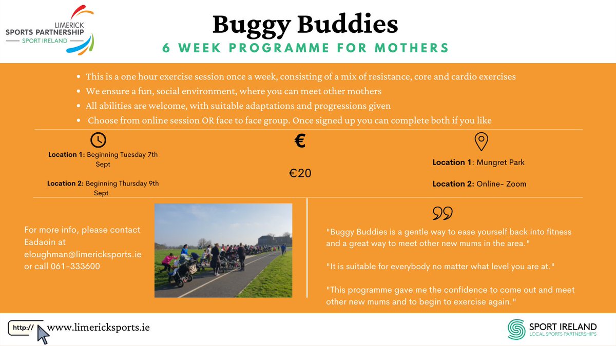 🗣️Buggy Buddies is back! 

Buggy Buddies is starting back up and we now have an outdoor option available as well as an online option!

👉Suitable for parents, childminders, grandparents etc., to take part in with their little ones. 

limericksports.ie/buggy-buddies-…

#ActiveLimerick