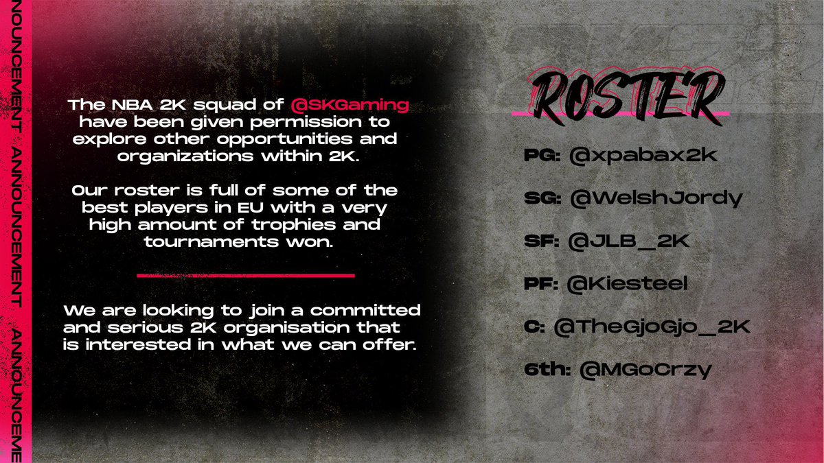 The NBA 2K Squad of <a href="/SKGaming/">SK Gaming</a> are now all F/A.

Contact: <a href="/TheGjoGjo_2K/">TheGjoGjo</a> or TheGjoGjo2K@gmail.com

♻️ &amp; ❤️ much appreciated.