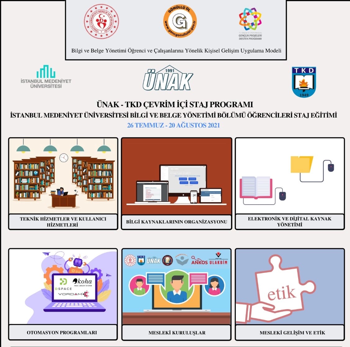 TKD ve <a href="/UNAKsocial/">ÜNAK Kurumsal</a> iş birliğinde devam eden çevrim içi staj programında 26 Temmuz - 20 Ağustos 2021 tarihleri arasında yapılan @medeniyetbb öğrencileri staj eğitimi başarı ile tamamlanmıştır. 
40 oturumda 45 eğitimcinin yer aldığı programda yaklaşık 80 öğrenci eğitim almıştır.