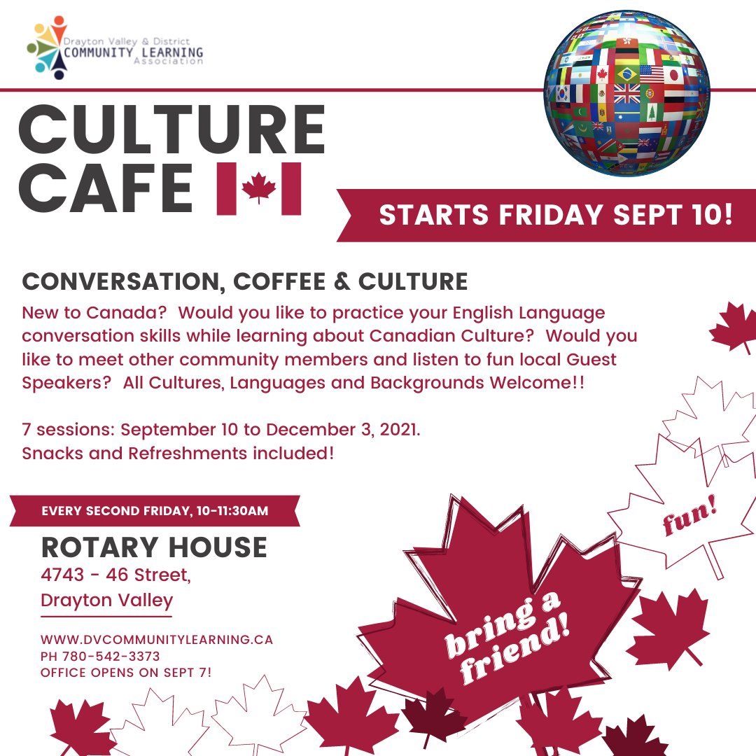 DVCommLearning's tweet image. A fun new program for our Community! This biweekly program is a casual way to practice english, learn interesting information about Canada, and meet some other folks who live in our area!

#dvdcla #adultlearning #draytonvalley #brazeaucounty #esl #canada #culture #community