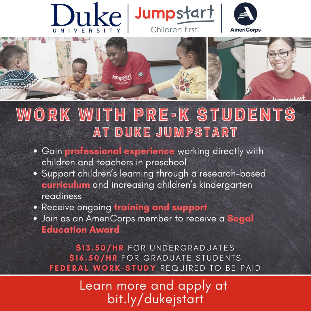 Our new jumpstart pre-k program needs you <a href="/DukeStudents/">Duke Students</a> Get paid to make a difference in early childhood education!