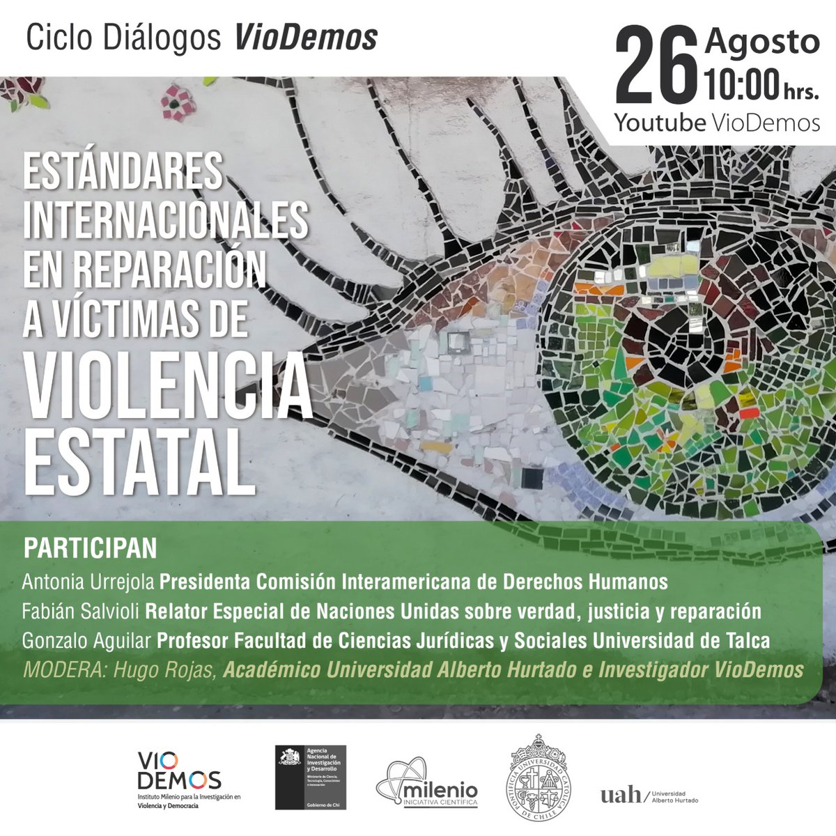 📍Aún siguen abiertas las inscripciones para nuestra nueva sesión del Ciclo Diálogos #VioDemos. Estaremos junto a <a href="/totonia68/">Félix</a> de <a href="/CIDH/">CIDH - IACHR</a>, <a href="/UN/">United Nations</a>SR_truth de @UN, y Gonzalo Aguilar de <a href="/UTalca/">Universidad de Talca</a> conversando sobre violencia estatal. Modera Hugo Rojas. Inscríbete en bit.ly/3msSS0S 💻