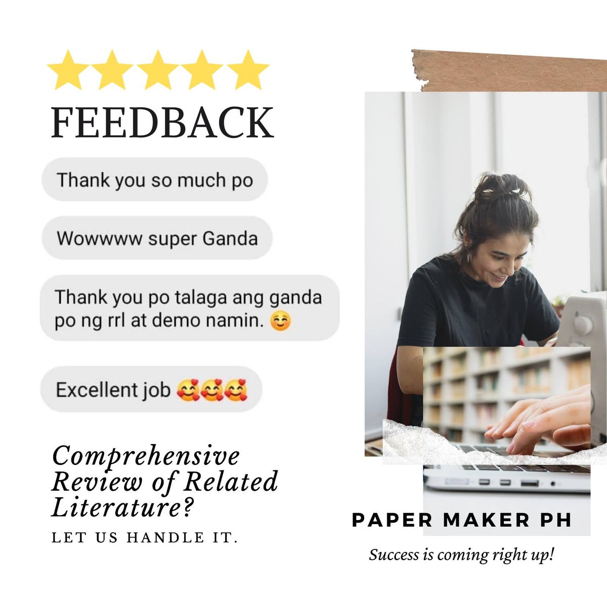 PaperMakerPH's tweet image. Review of Related Studies and Literature is one of the exhaustive and nitty-gritty works to write. Having an intricately crafted RRL is the secret weapon to your defense. 😉

Message us now and we will help you in your journey of making your #ResearchDefended!
#papermakerph