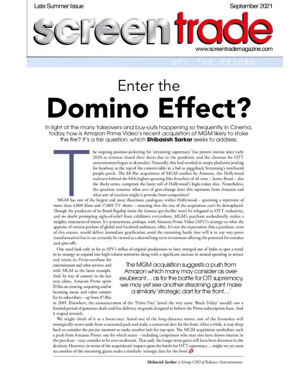 Shibasishsarkar's tweet photo. Enter the Domino Effect?'
My thoughts over the MGM acquisition and the takeovers & buyouts happening in cinema today. An exclusive piece for #ScreenTradeMagazine. https://t.co/NkXRJS3e7Z