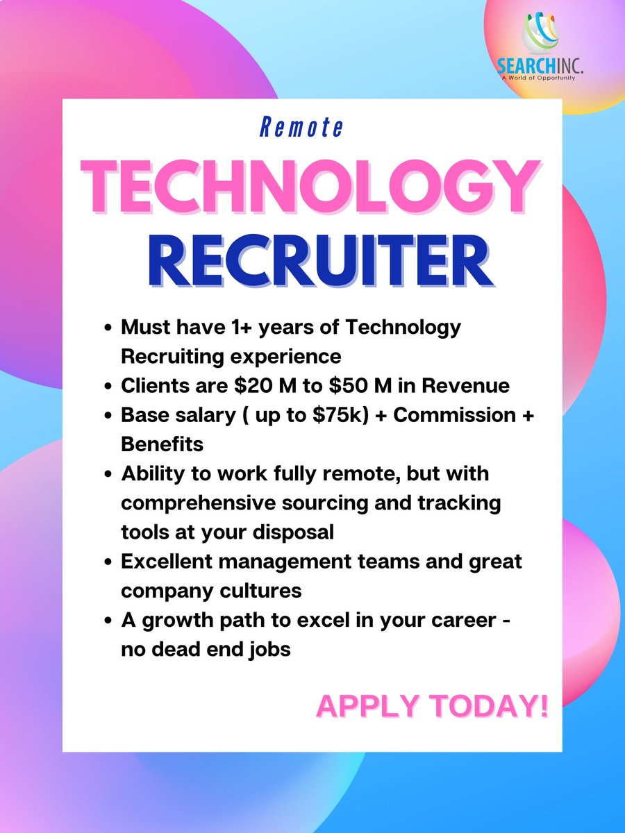SearchIncNYC's tweet photo. Happy Tuesday! Here is another new job offer - Technology Recruiter - remote. Check out the graphic below for more details!
#recruiters #recruiting #technologyrecruiter #remote #newjobhire https://t.co/KwQoL6SmJf
