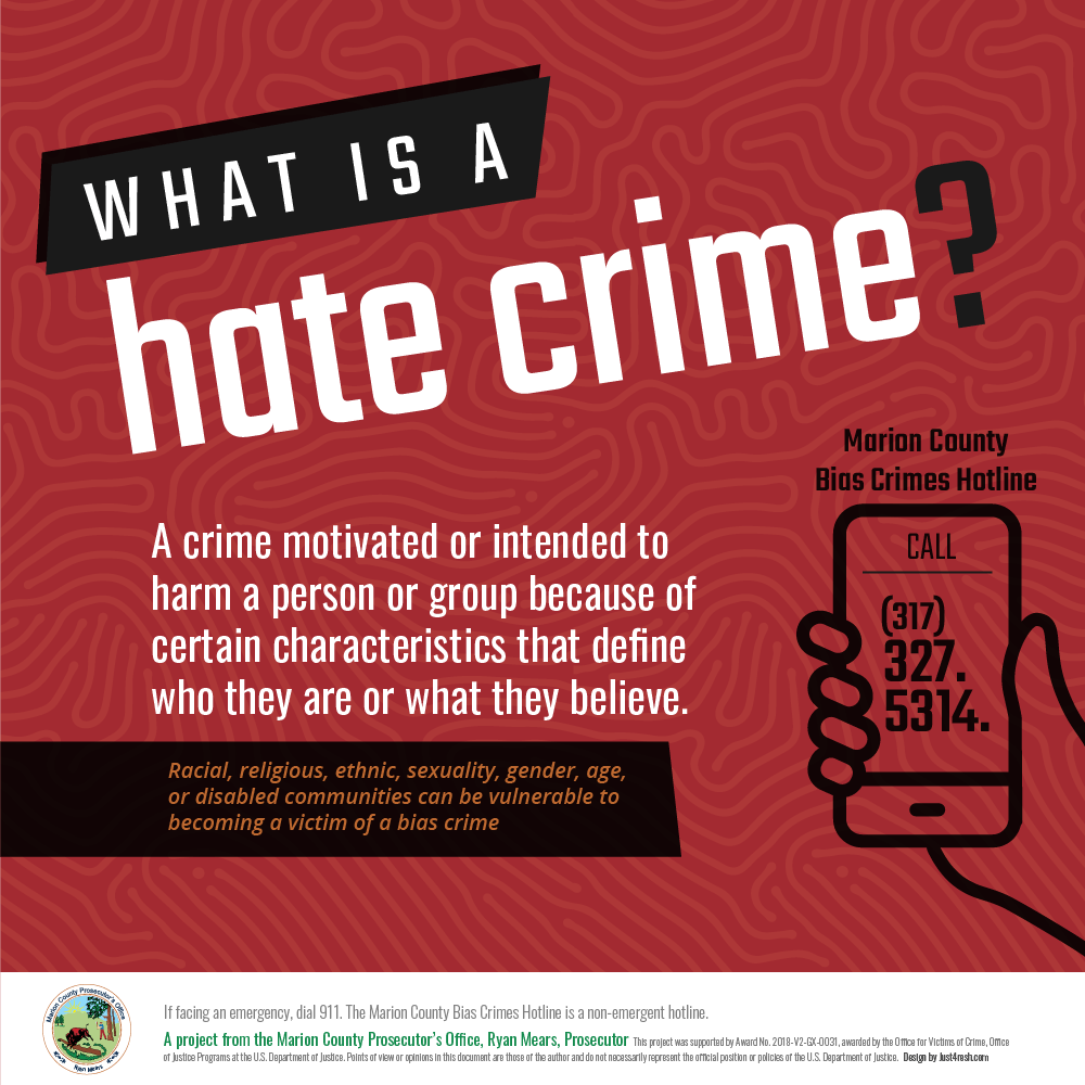 MCProsecutors's tweet photo. Hate crimes often go unreported due to the intimidating nature in which the crime was committed or other barriers for communicating with law enforcement.

We want to bridge that gap.

Call our new Hate Crimes Hotline (317-327-5314) to get connected with a trained Victim Advocate. https://t.co/2xsgkOw4s4