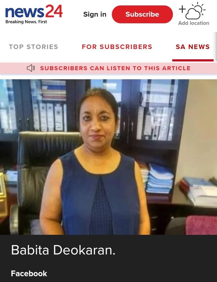 The Gauteng health department's acting Chief Financial Officer #BabitaDeokaran had uncovered corruption and stopped payments of irregular contracts, including in hospitals, before her murder this week. 
Why are our #whistleblowers not protected 🙄
<a href="/NPA_Prosecutes/">NPASouthAfrica</a>
<a href="/SAPoliceService/">SA Police Service 🇿🇦</a>