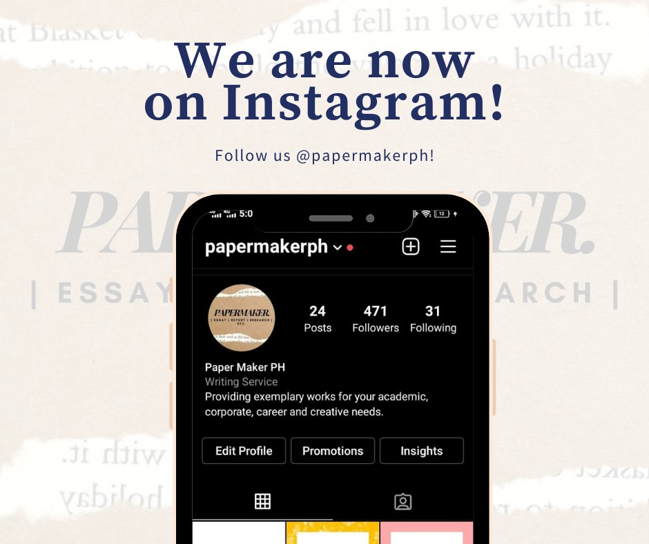 PaperMakerPH's tweet image. Hello, everybody! You can now reach us on our Instagram account! Follow us and learn more about our exciting deals for this month. 
May the perfect scores be with you!
instagram.com/papermakerph 
#ACADEMICSERVICES
#papermakerph
#researchhelp
#assignmentwriting
#WritingServices